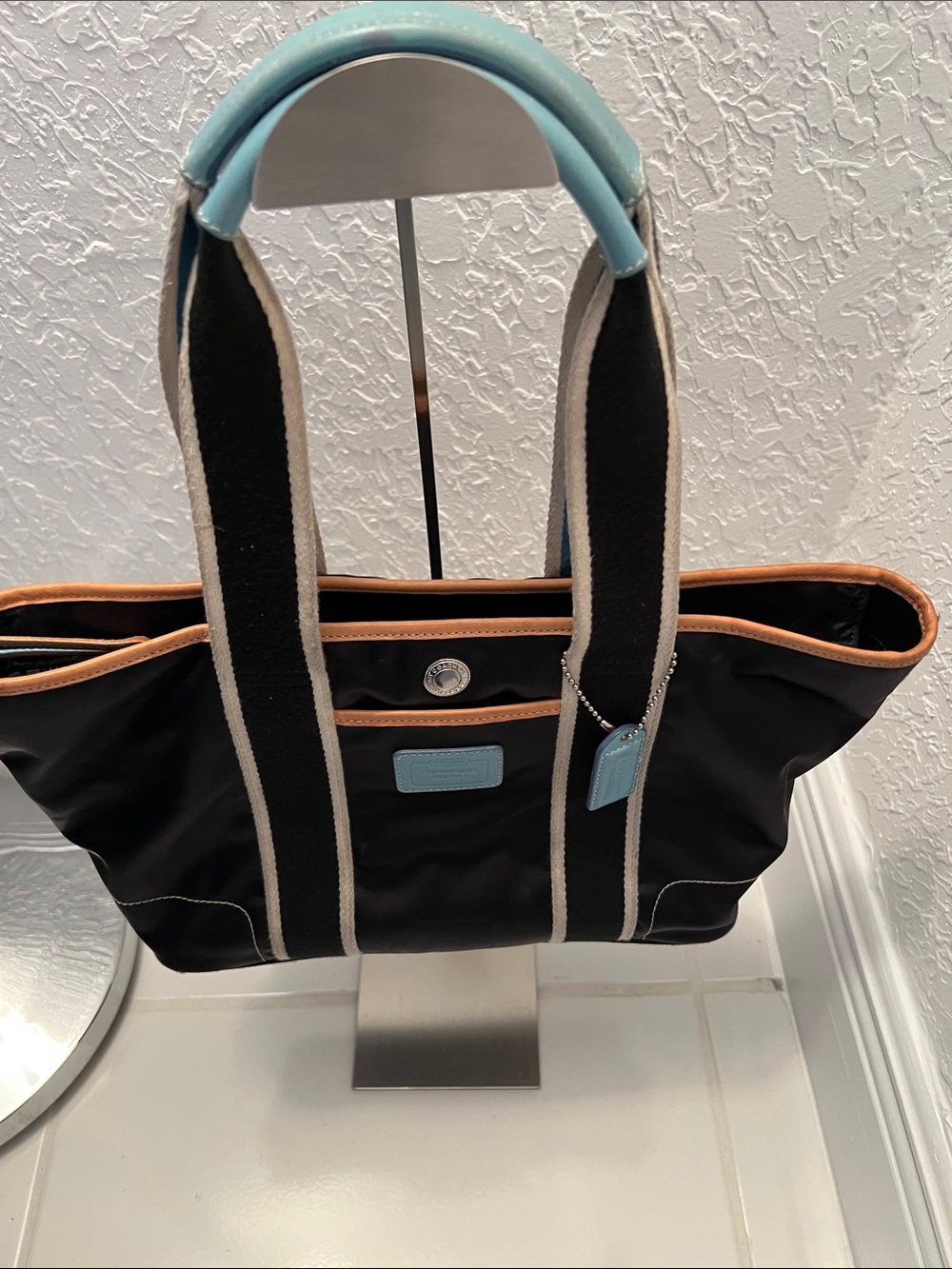 Coach Vintage Hampton Leatherware Black Nylon Tote with Tan Trim & Blue leather